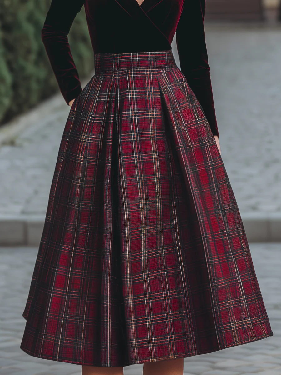 V-Neck Velvet And Plaid Midi Dress
