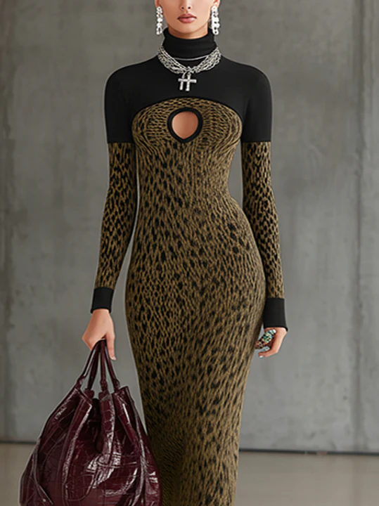 Leopard Print Patchwork Knit Midi Dress With Keyhole Cutout