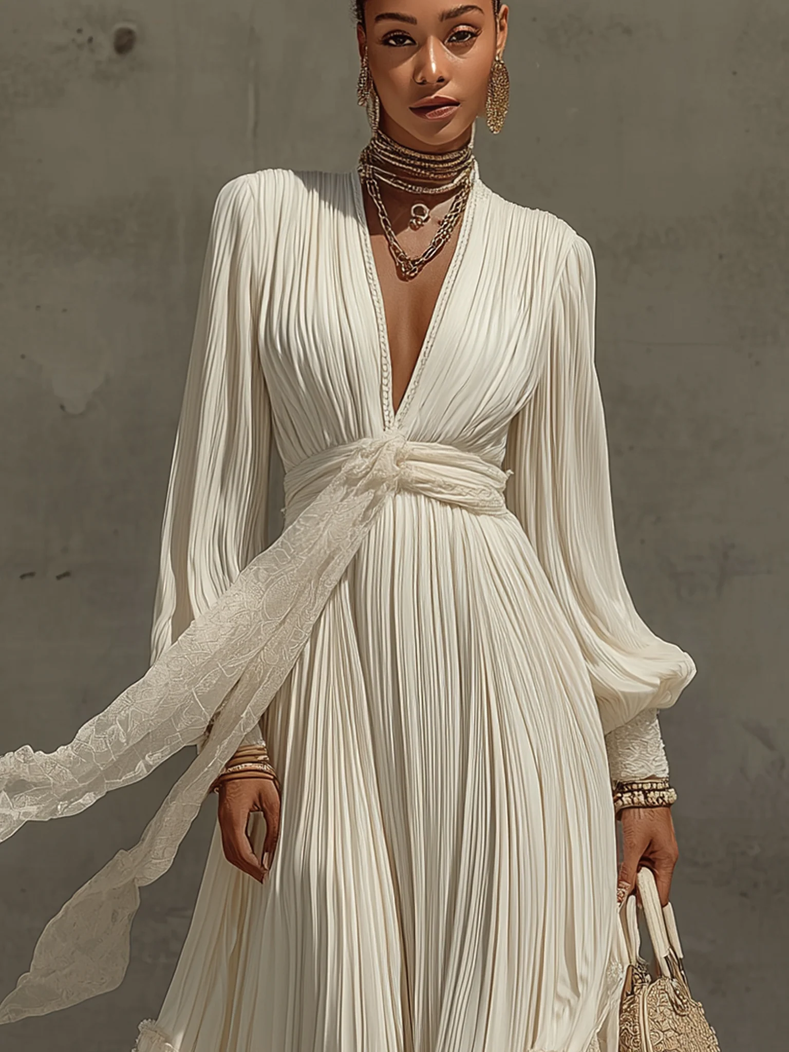 White Deep V-Neck Pleated Long Sleeve Maxi Dress With Lace Belt