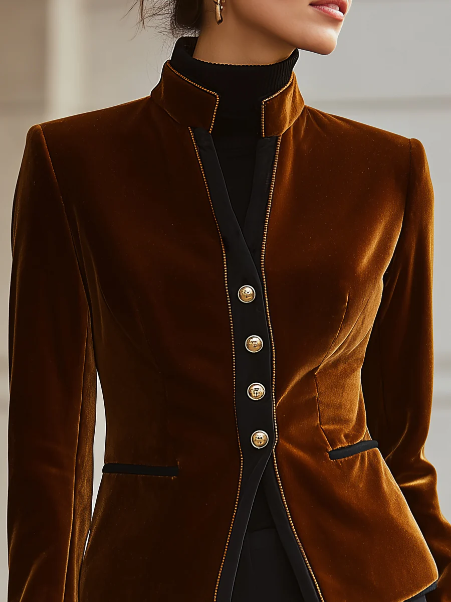 Velvet Blazer With Black Accents And Gold Buttons