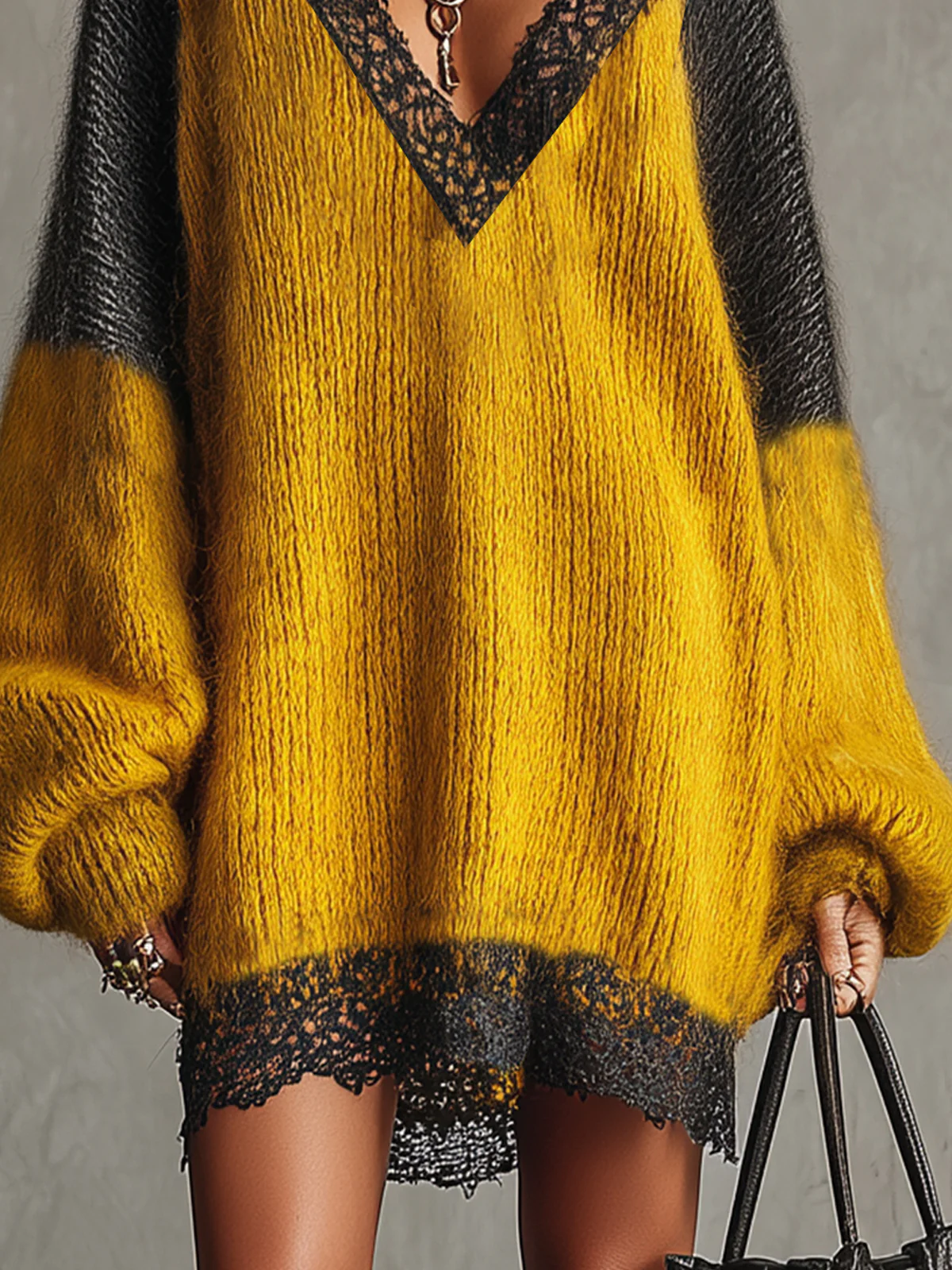 Yellow And Black Mohair Lace-Trimmed Oversized Sweater Dress
