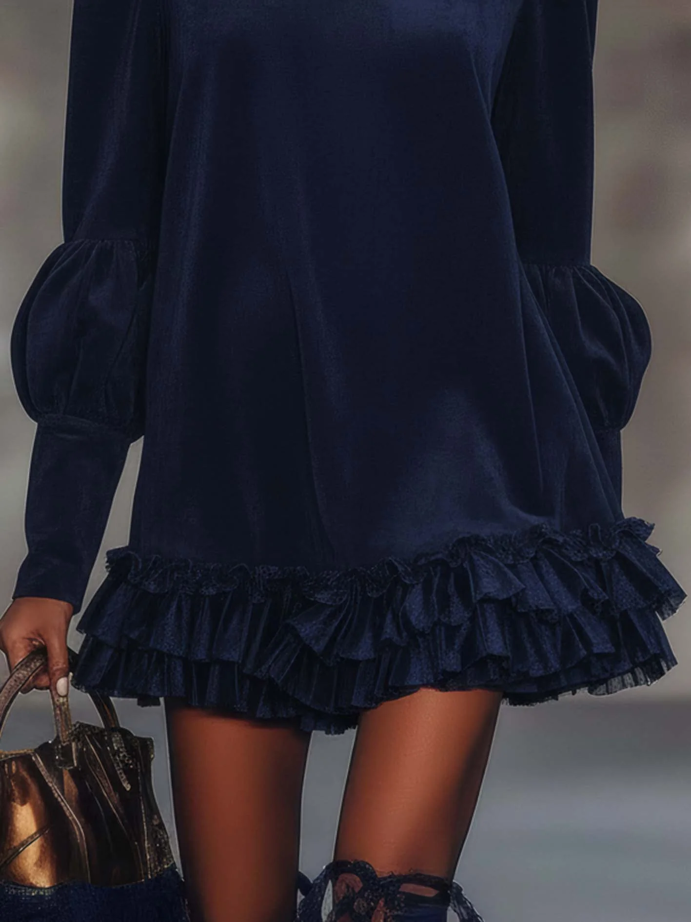 Dark Blue Faux Suede Mini Dress With Ruffles