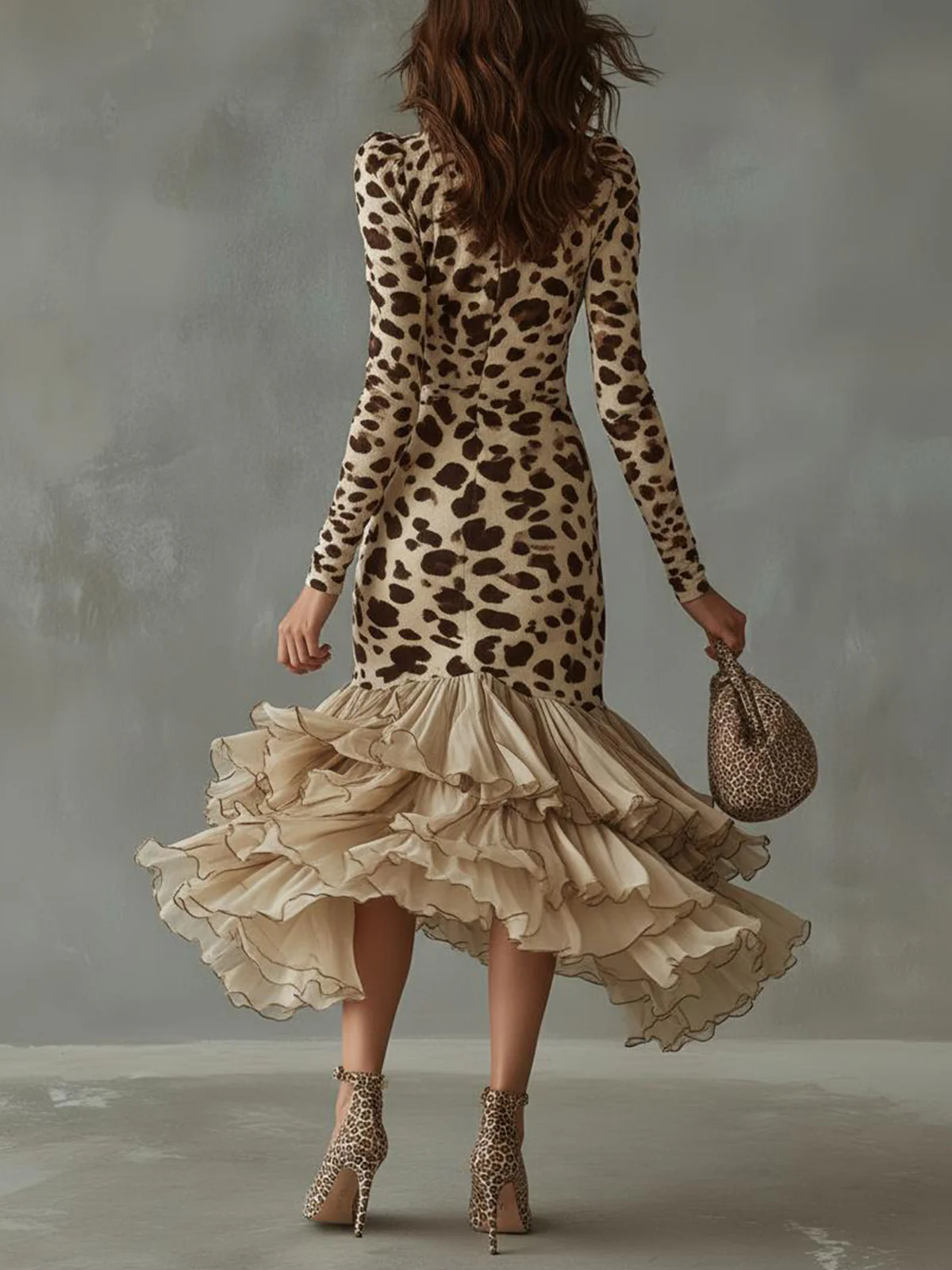 Leopard Print Ruffled High Low Midi Dress