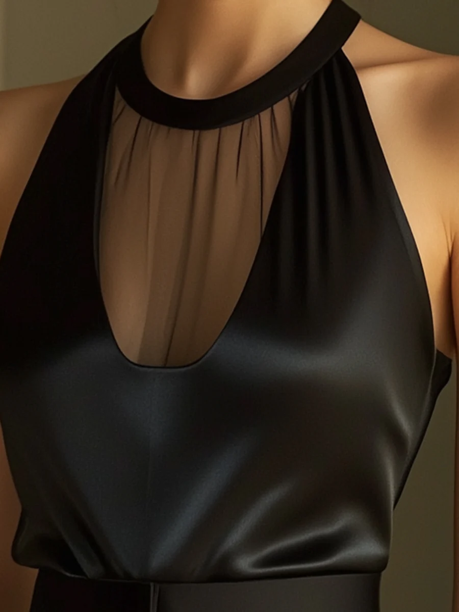 Satin Sheer Panel Halter Top