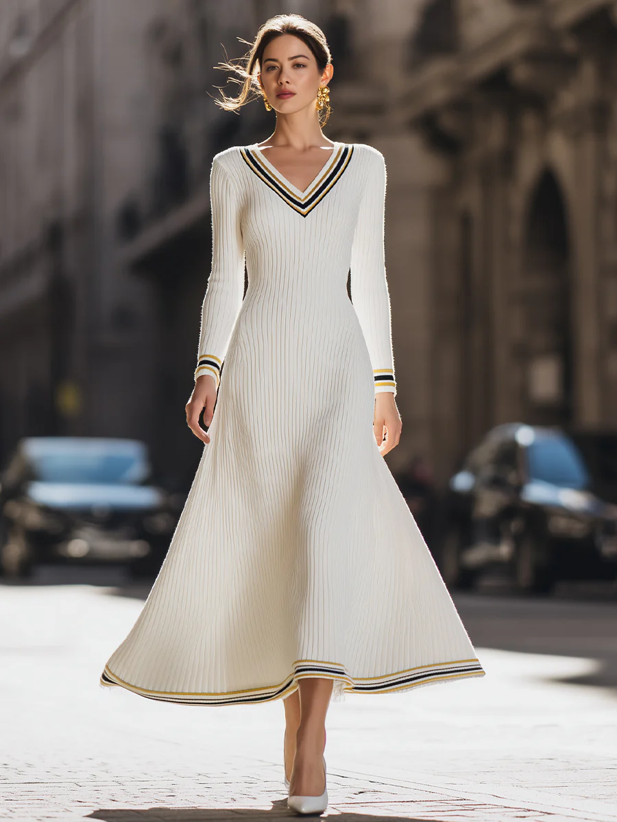 White Ribbed Knit Dress With Colorful Striped V-Neckline