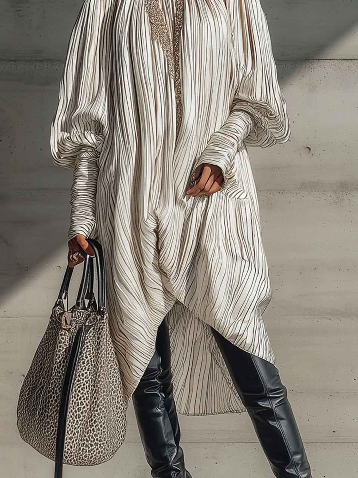 White Polyester Midi Pleated Loose Dress