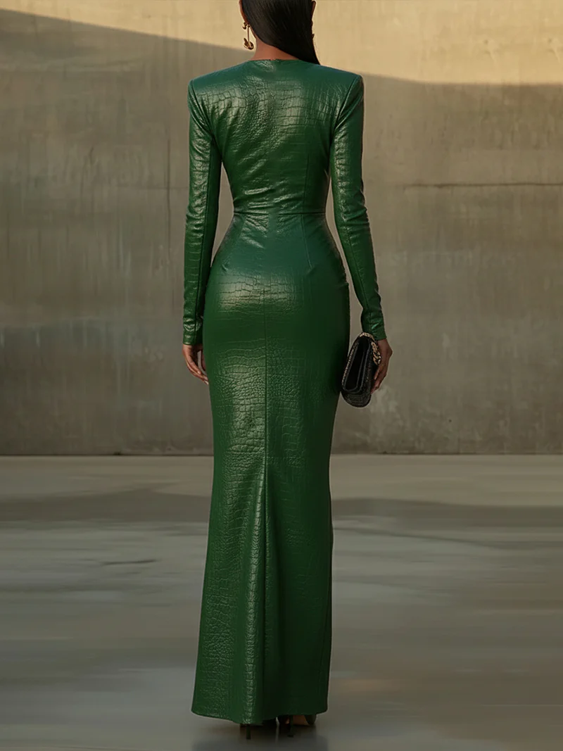 Green Elegance Croc Embossed Maxi Dress