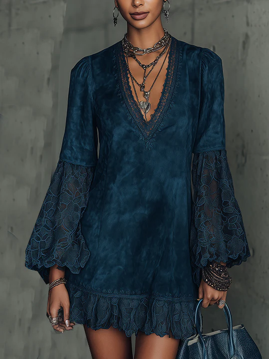 Navy Faux Suede Mini Dress With Lace Bell Sleeves And Scalloped Hem