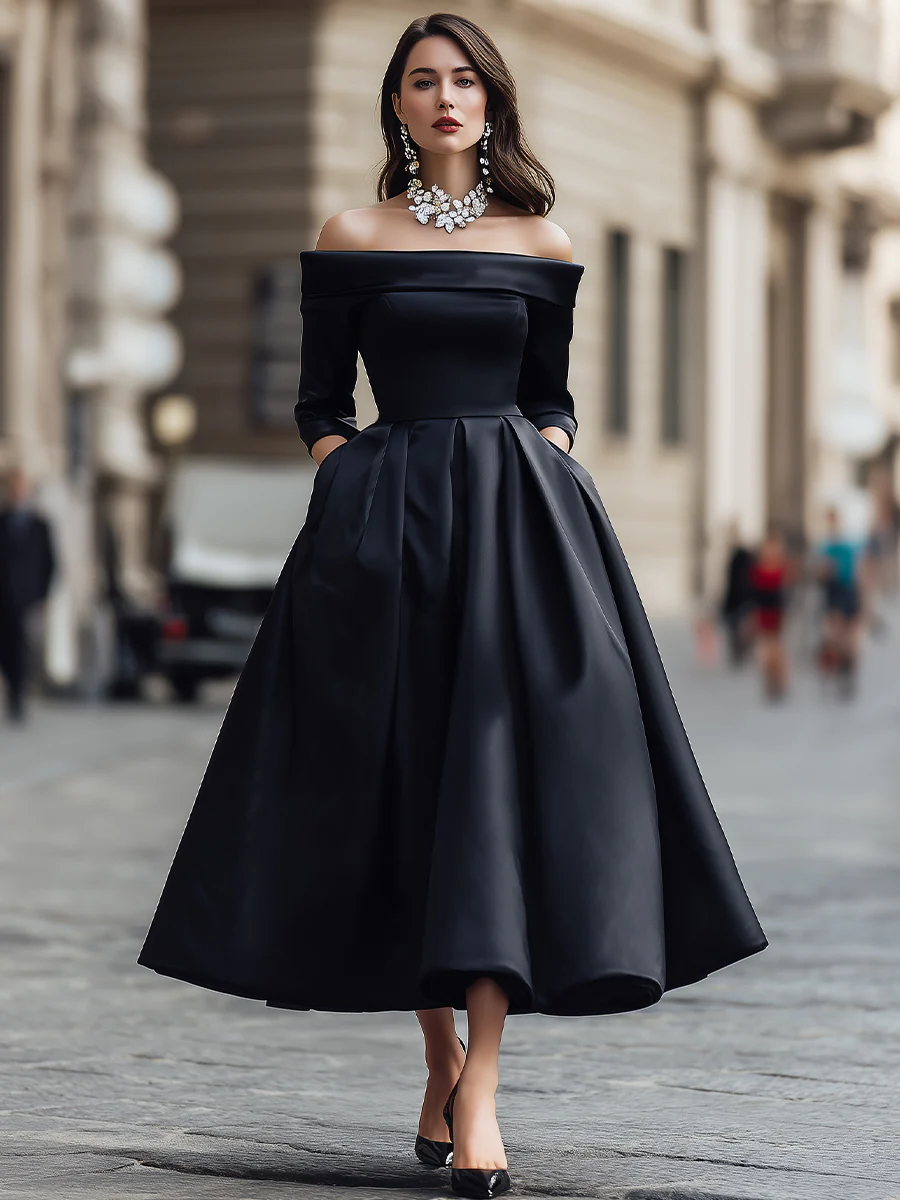 Elegant Off-Shoulder Satin Midi Dress