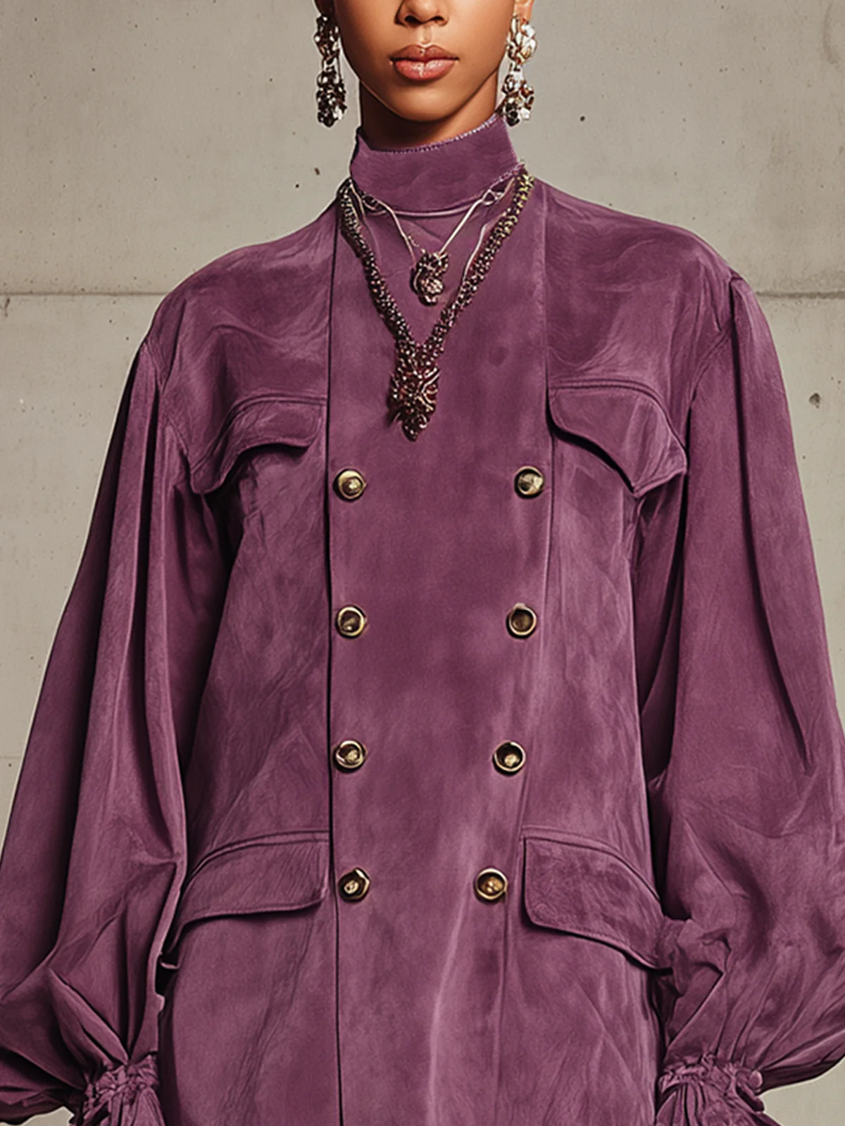 Plum Faux Suede Double-Breasted Blouse With Statement Sleeves