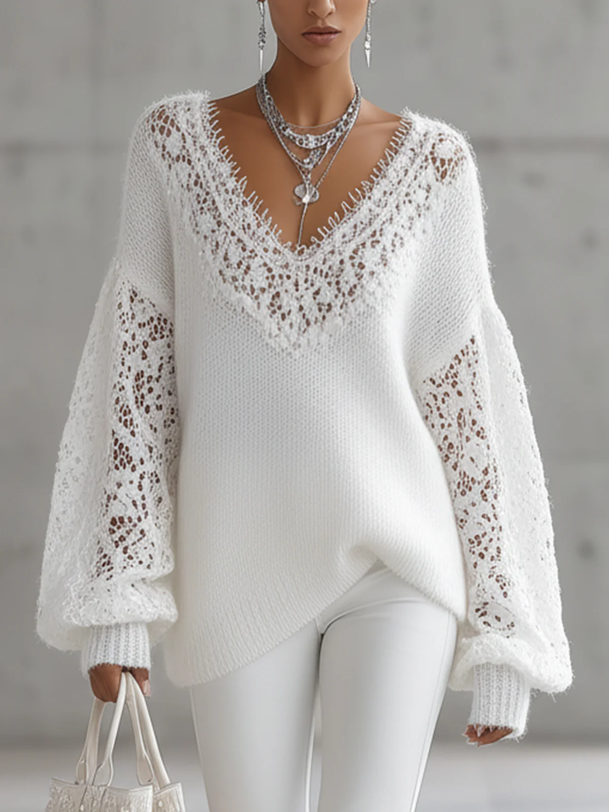 White V-Neck Knit Sweater With Lace Insets And Balloon Sleeves