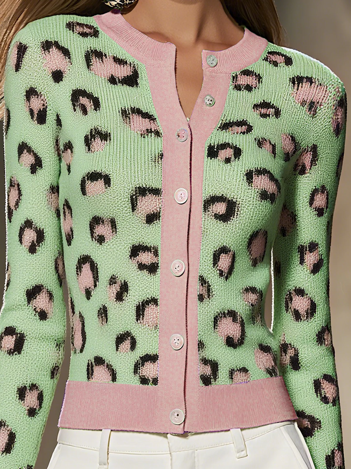 Green Leopard Print Button Up Cardigan With Pink Trim