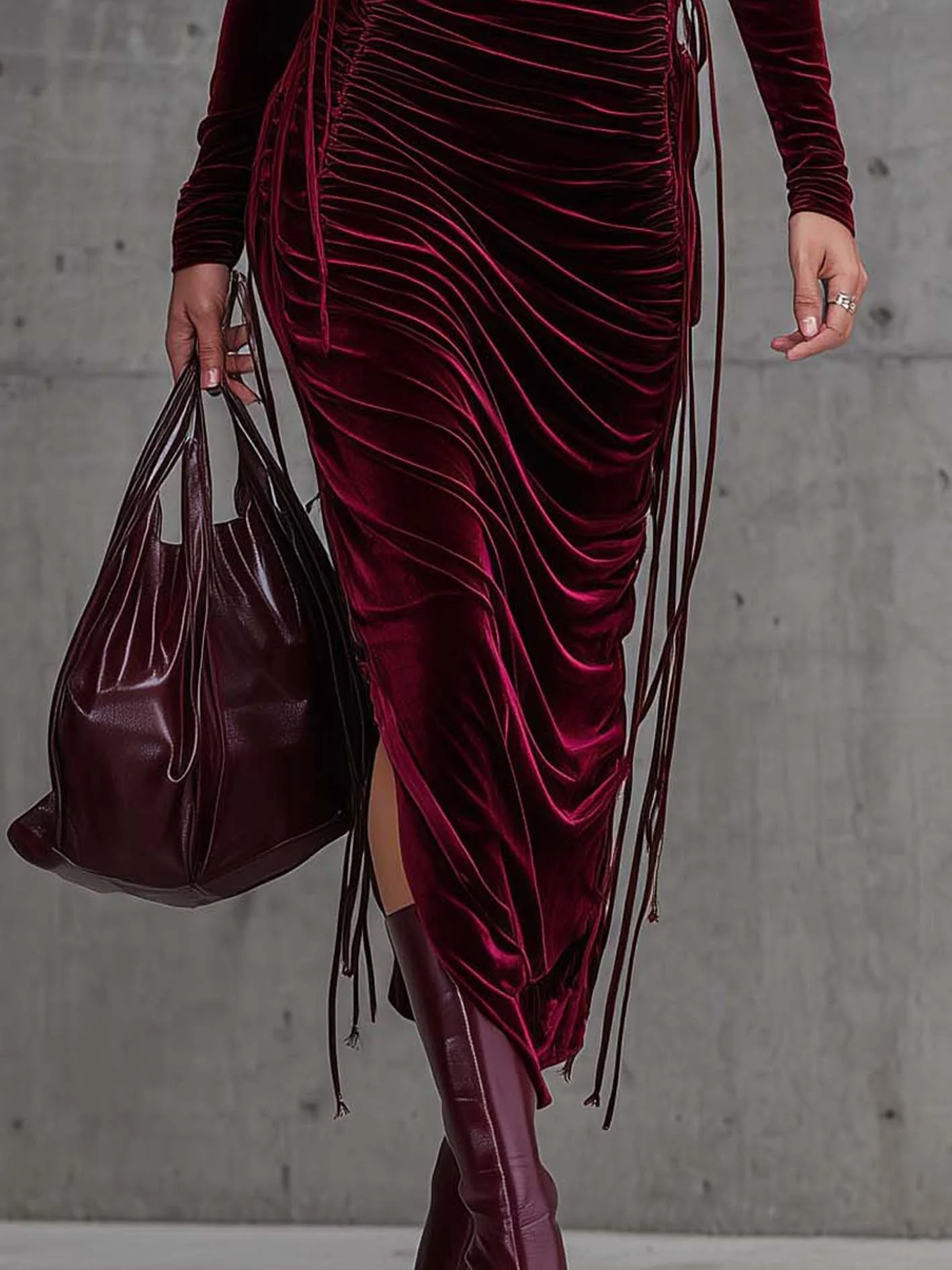 Burgundy Velvet Bodycon Dress With Pleats And Drawstring