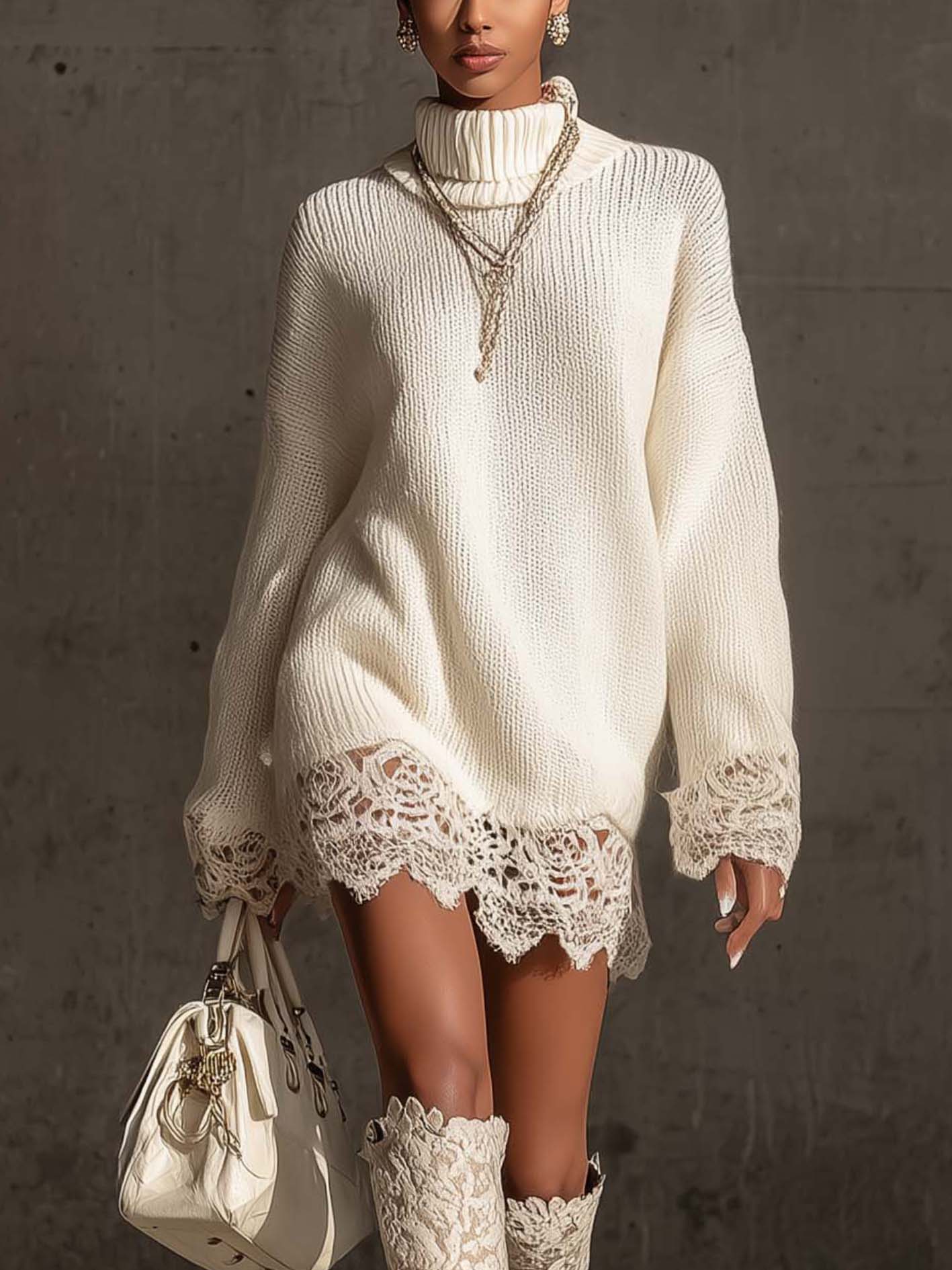 White Turtleneck Knit Mini Dress With Lace Trim