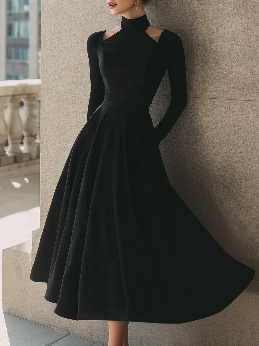 Black Cutout High-Neck Midi Dress