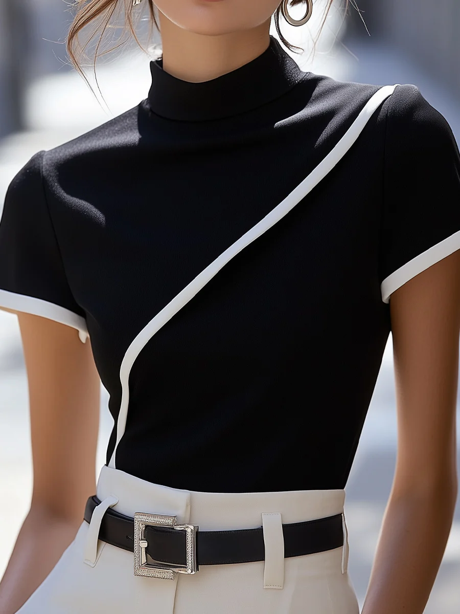 Elegant Black High-Neck Top with White Trim