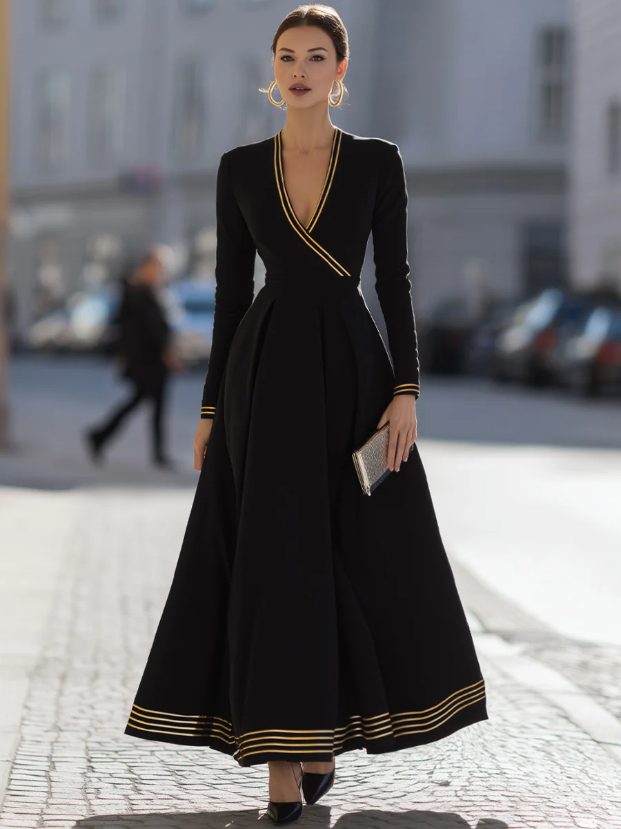 Black Dress With Yellow Stripes And Pleated Skirt