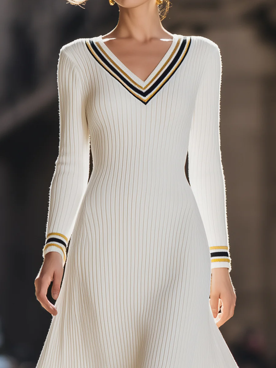 White Ribbed Knit Dress With Colorful Striped V-Neckline
