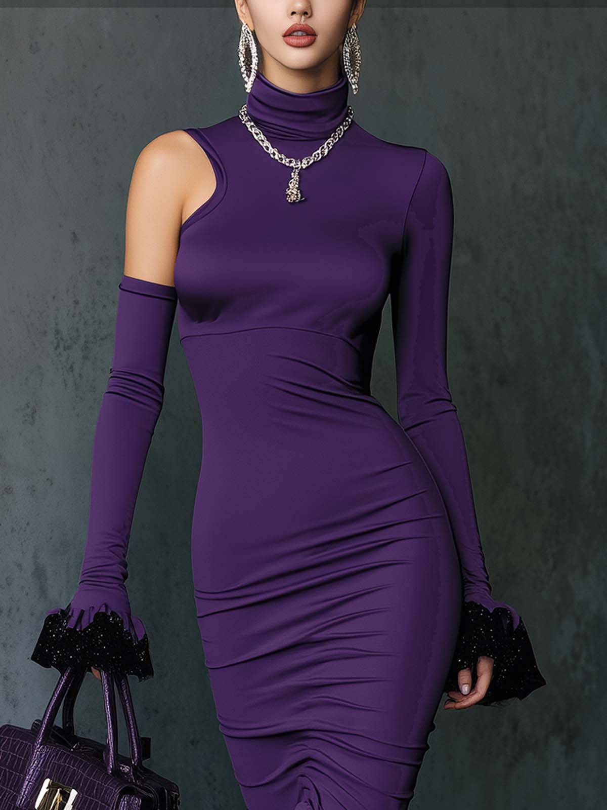 Purple Asymmetrical Lace Ruffle Fitted Long Dress