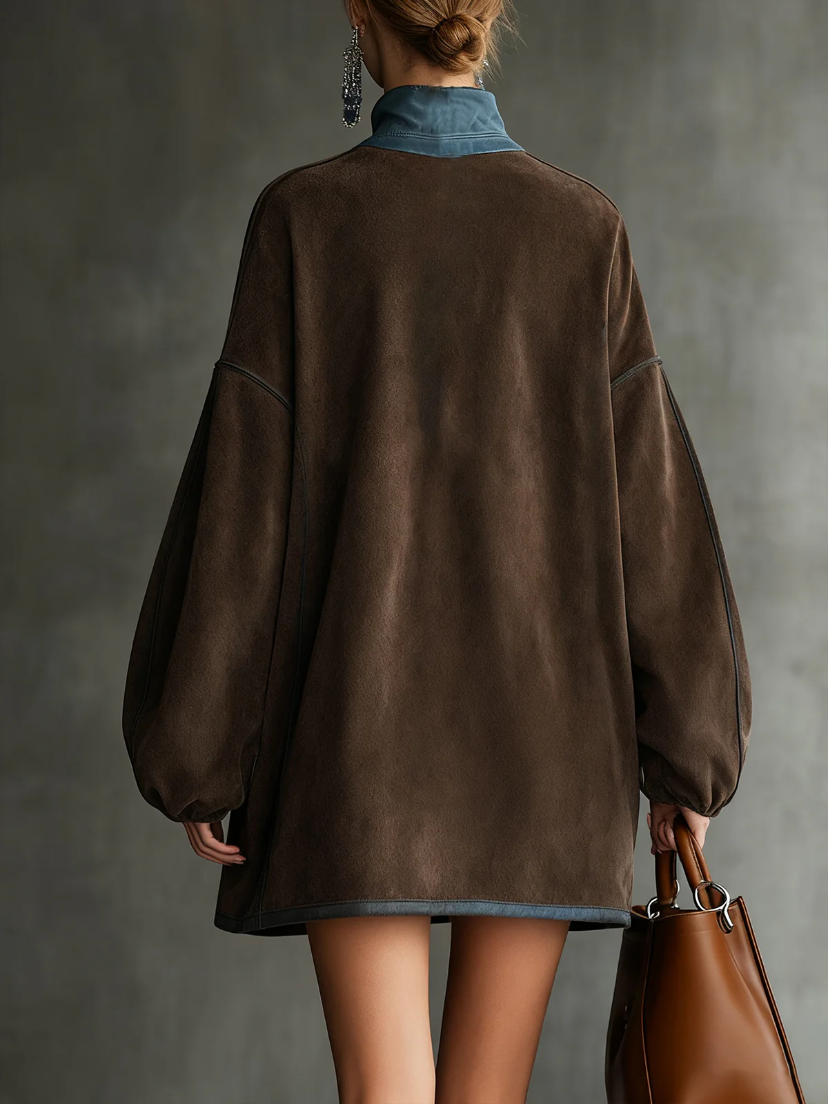 Brown Faux Suede Fleece High-Neck Zip-Up Oversized Mini Dress