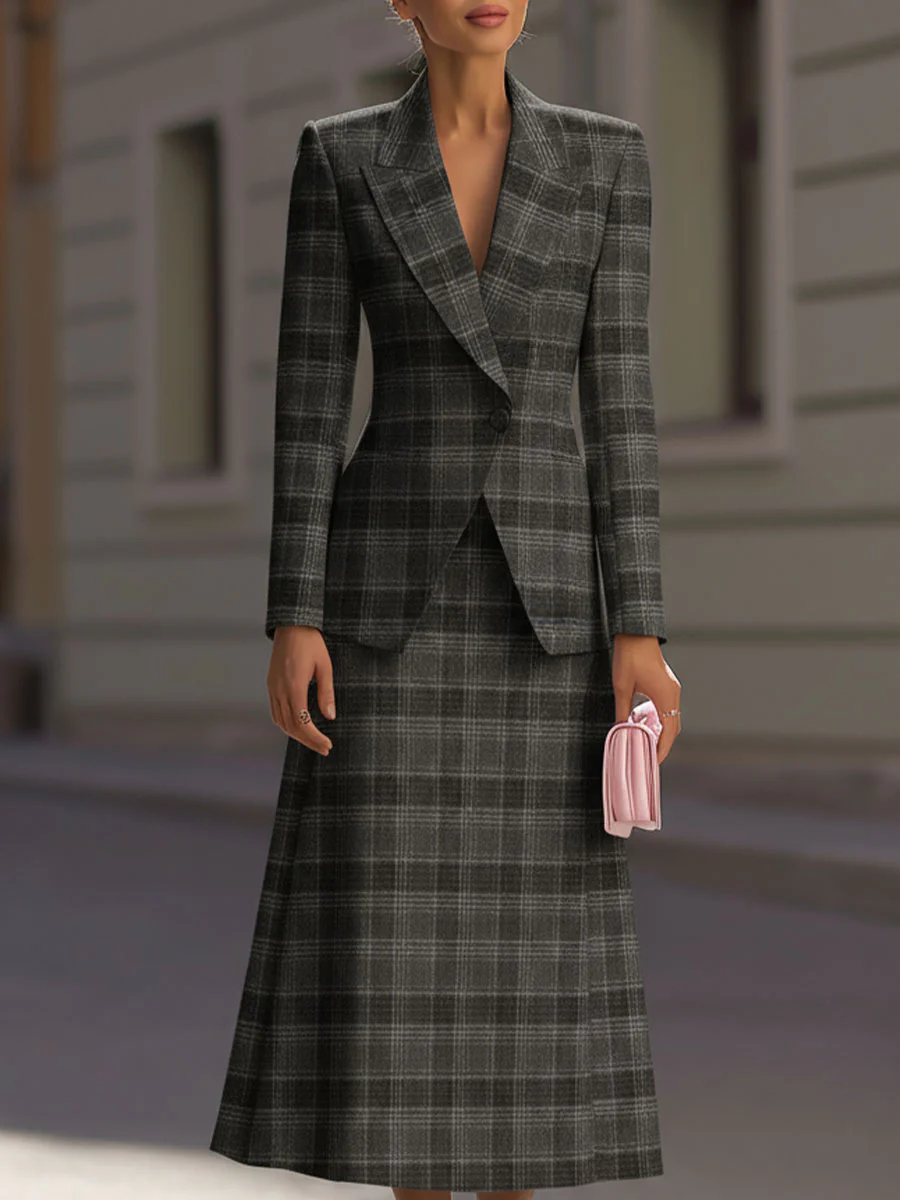 Grey Plaid Tailored Skirt Suit
