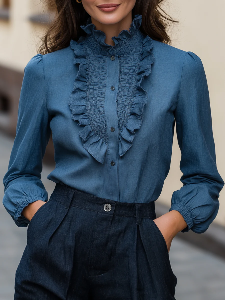 Denim Ruffled High-Neck Long-Sleeve Blouse