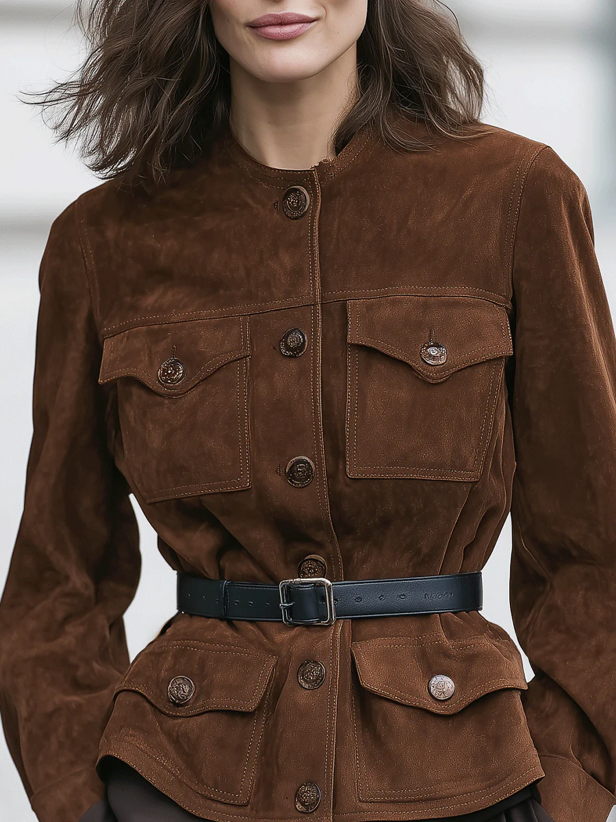 Brown Belted Faux Suede Jacket With Button Details