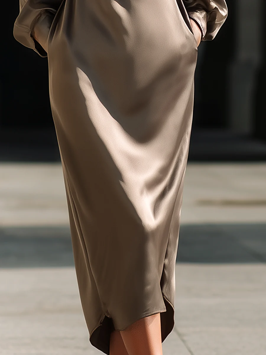 Deep Grey Luxe Satin V-Neck Midi Dress