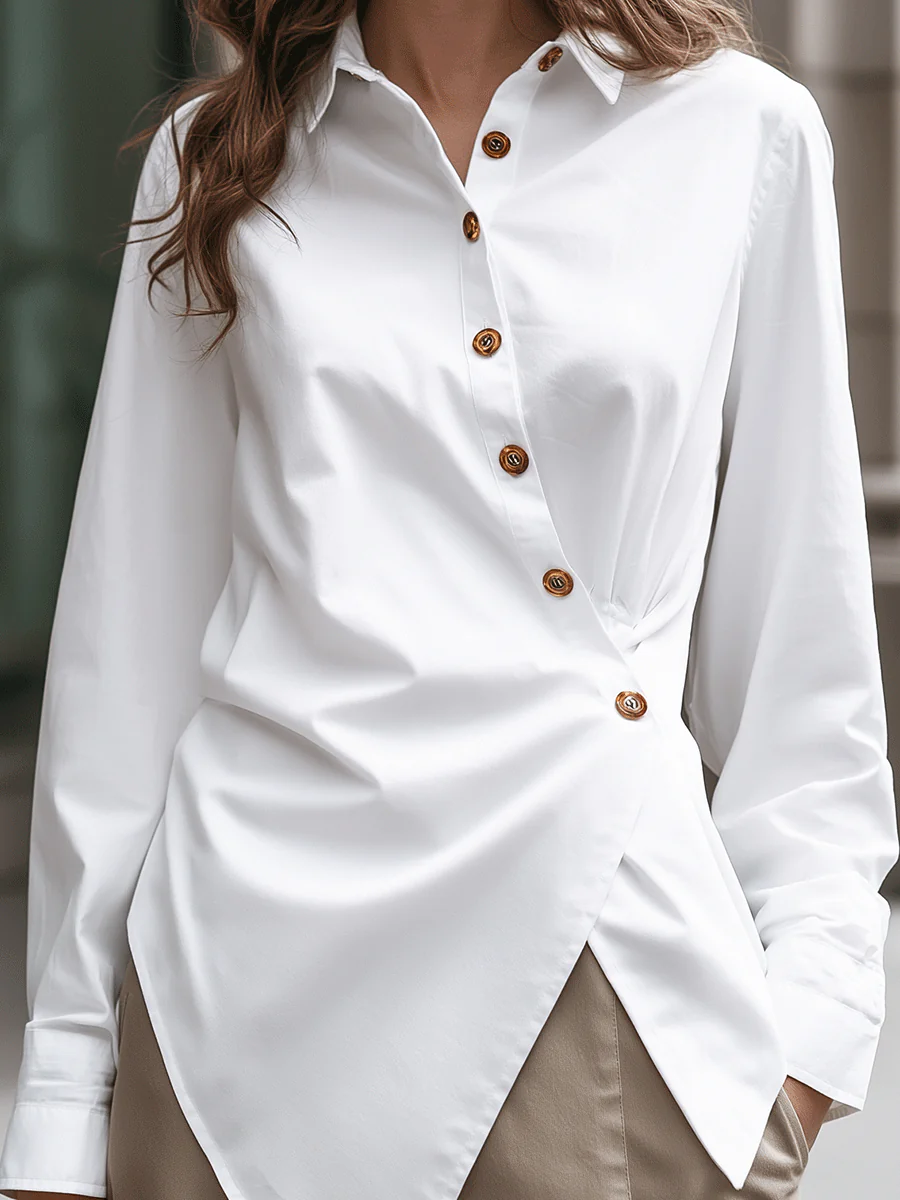 Symmetric Draped Button-Detail White Shirt