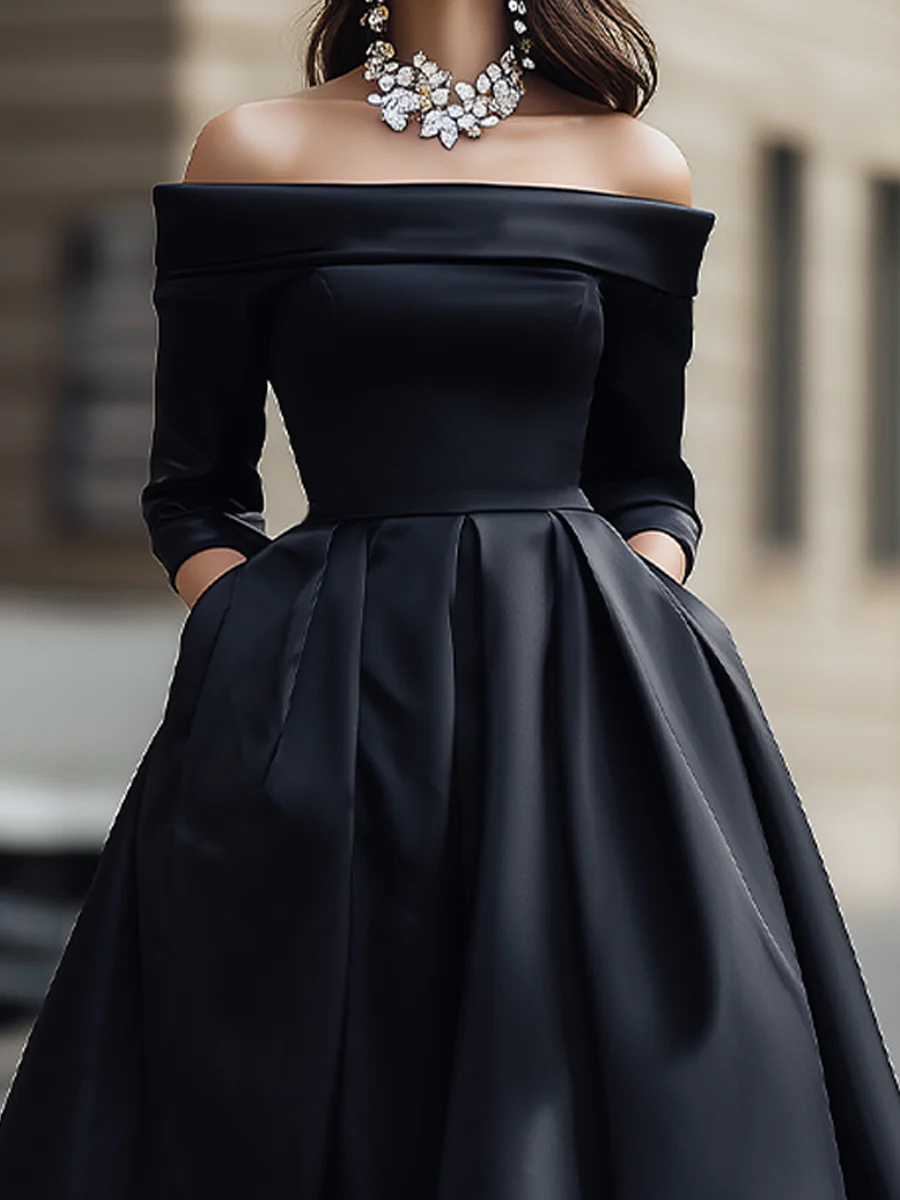 Elegant Off-Shoulder Satin Midi Dress