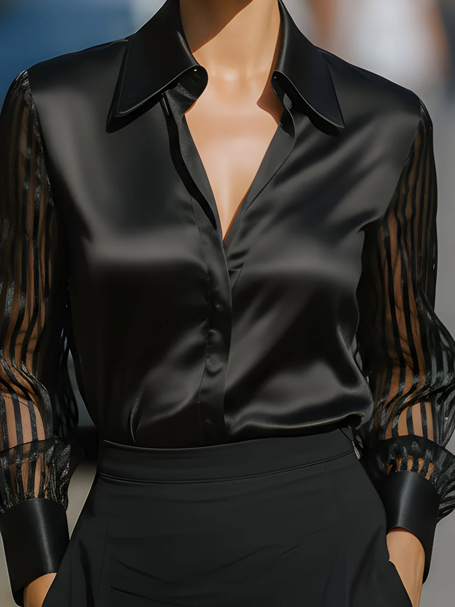 Satin Contrast Sheer Sleeve Blouse