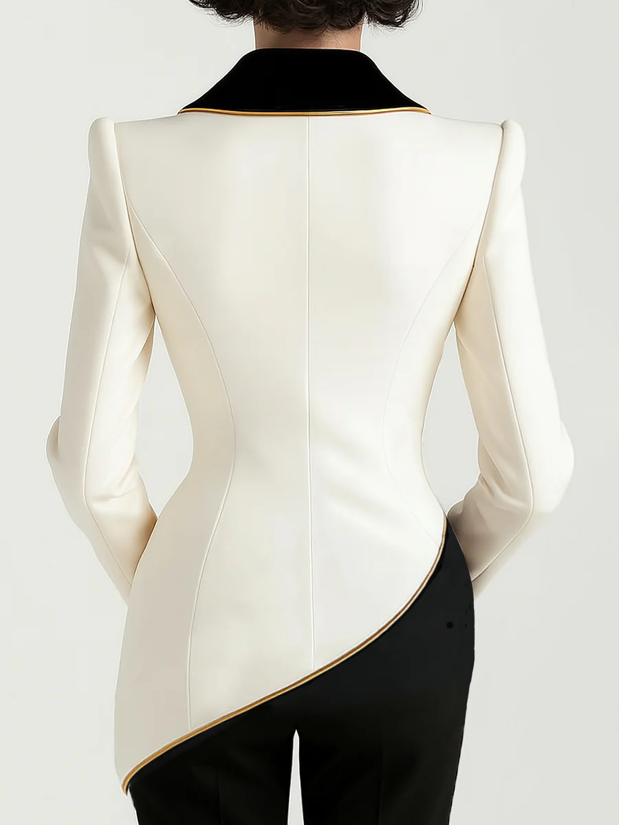 Elegant Asymmetrical White Blazer with Black Contrast Lapels