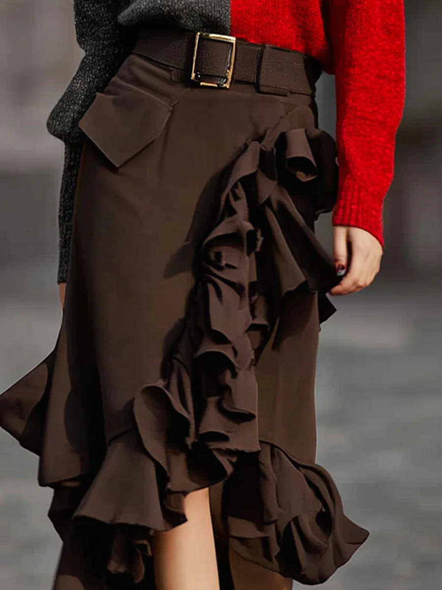 Colorblock Knit Sweater And Ruffle Skirt Set