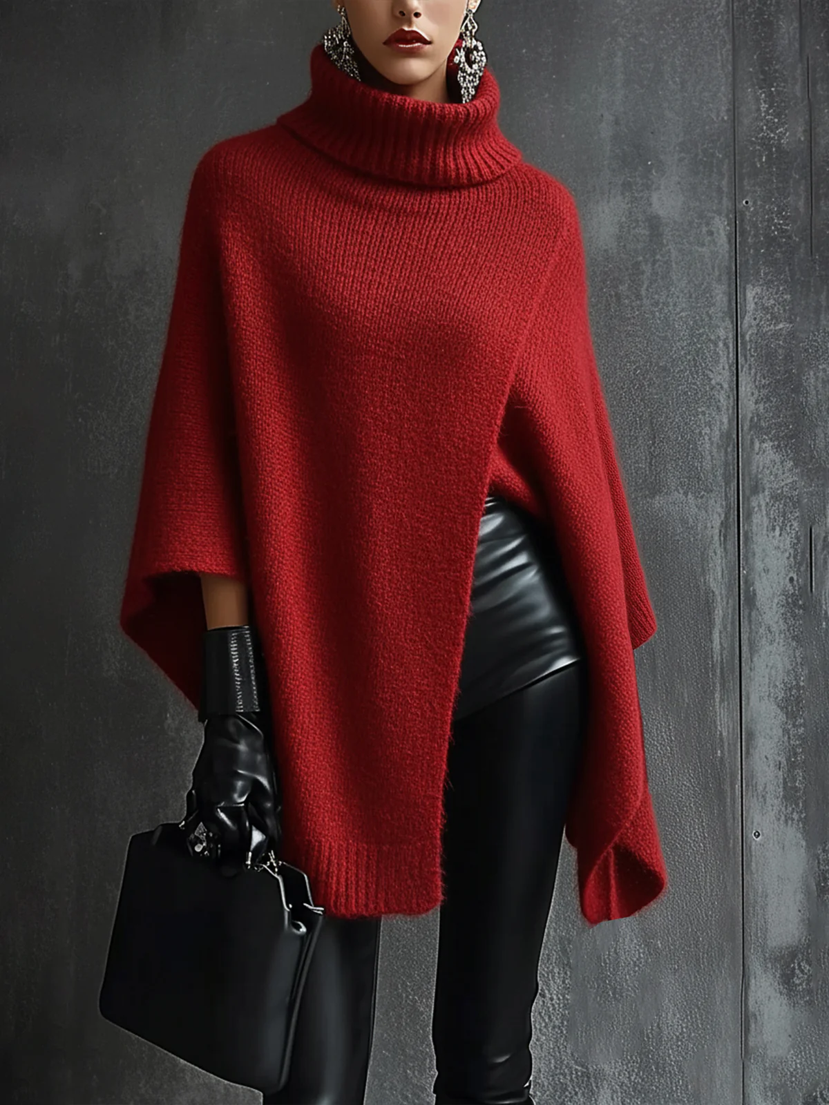 Red Knit Asymmetrical Poncho Sweater