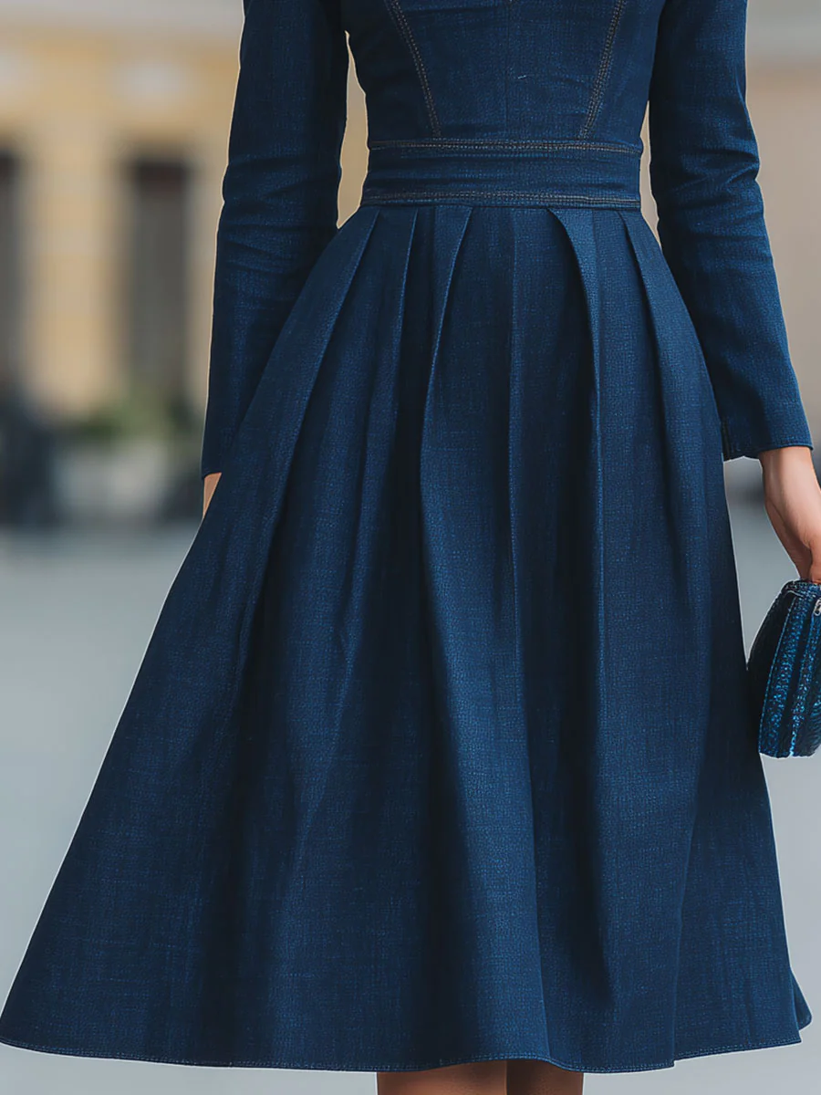 Elegant Mock Denim Dress With Flared Skirt