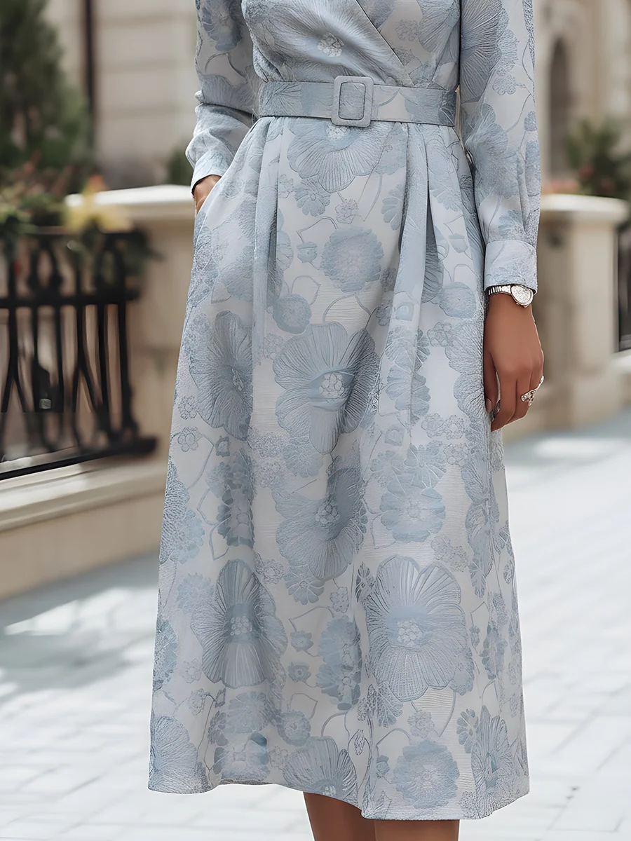 Luxurious V-Neck Jacquard Belted Midi Dress