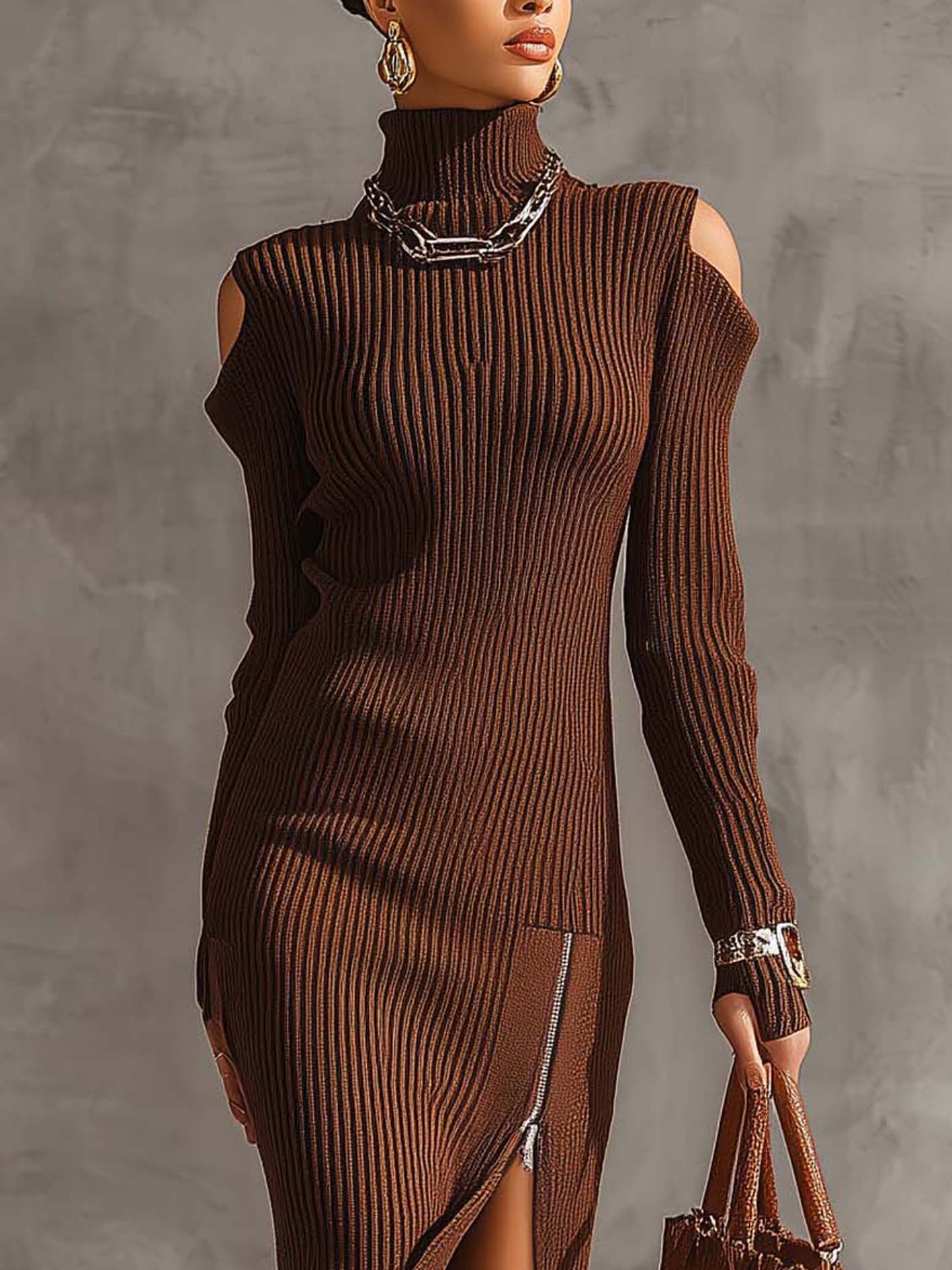 Cold Shoulder Chocolate Knit Bodycon Dress With Zipper