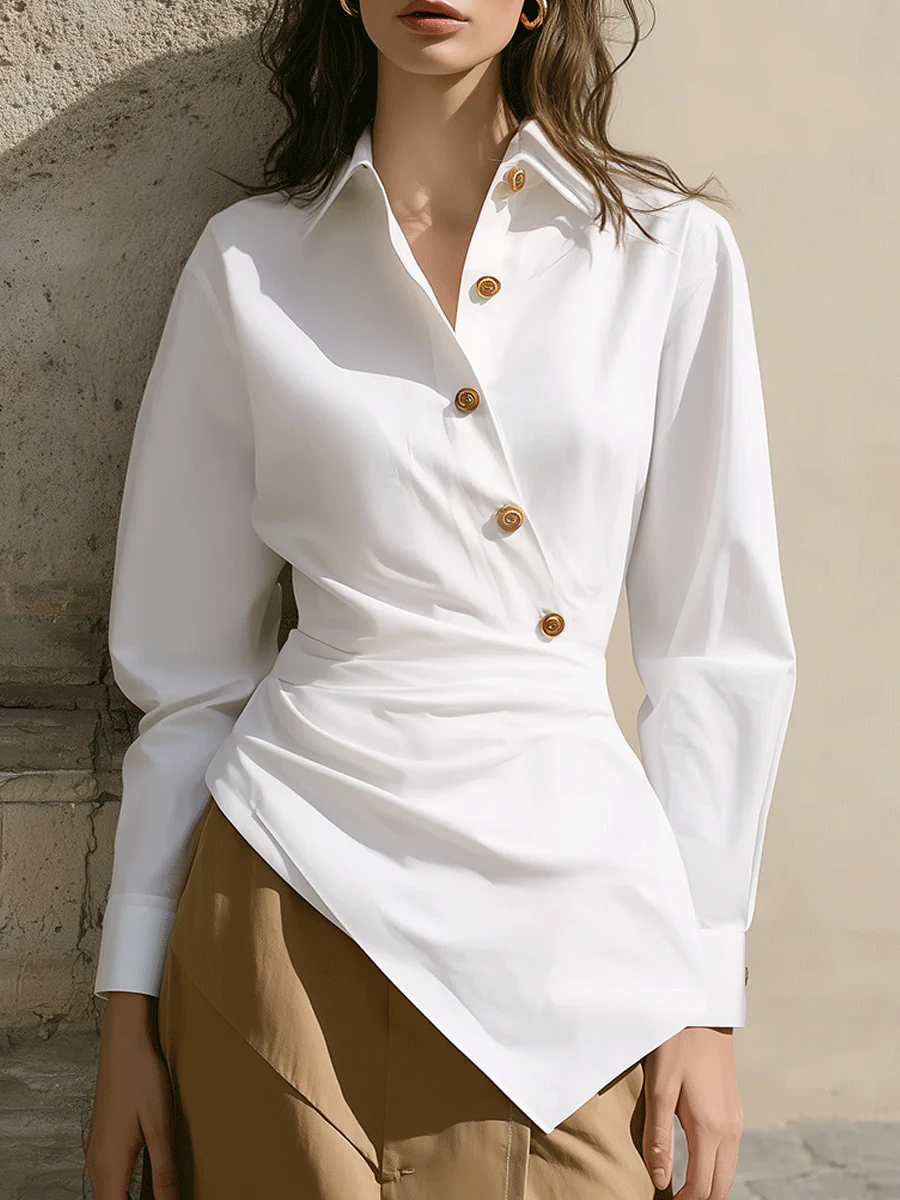 Asymmetric Draped Button-Detail White Shirt