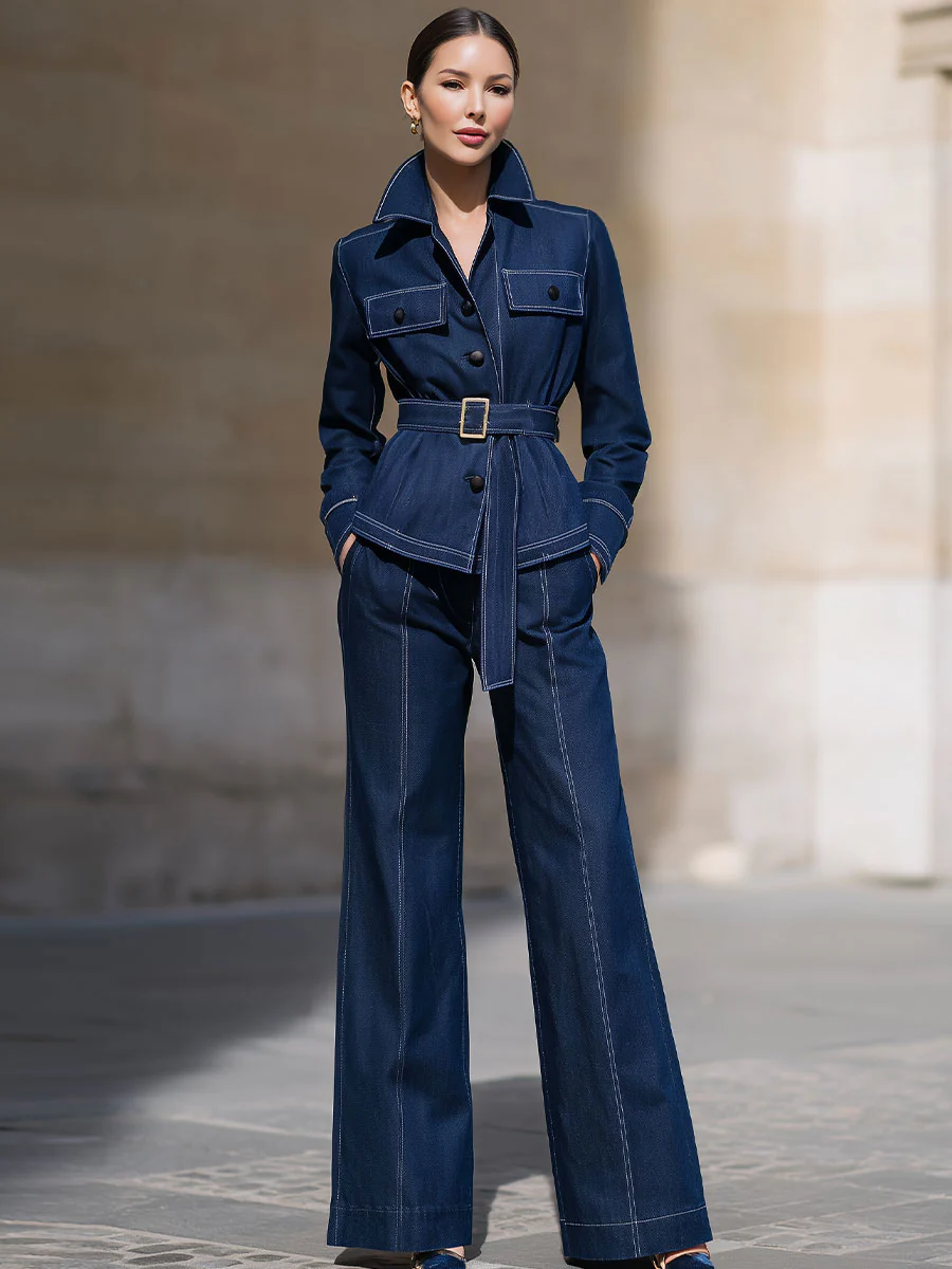 Mooyius Presents: Elegant Contrast-Stitch Denim Belted Suit Set For Modern Sophistication