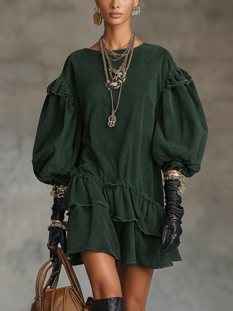 Vintage Forest Green Washed Knit Ruffle Mini Dress