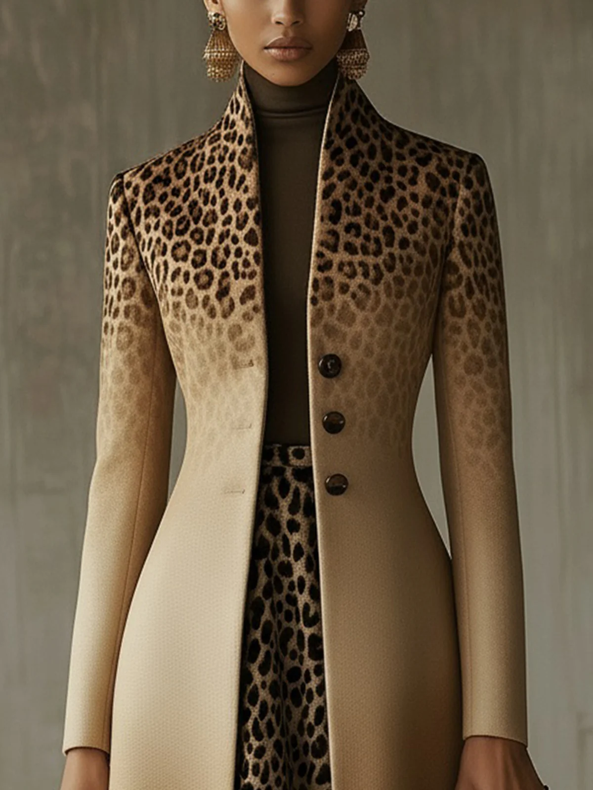 Khaki Ombre Leopard Print Long Coat With Gradient Detail
