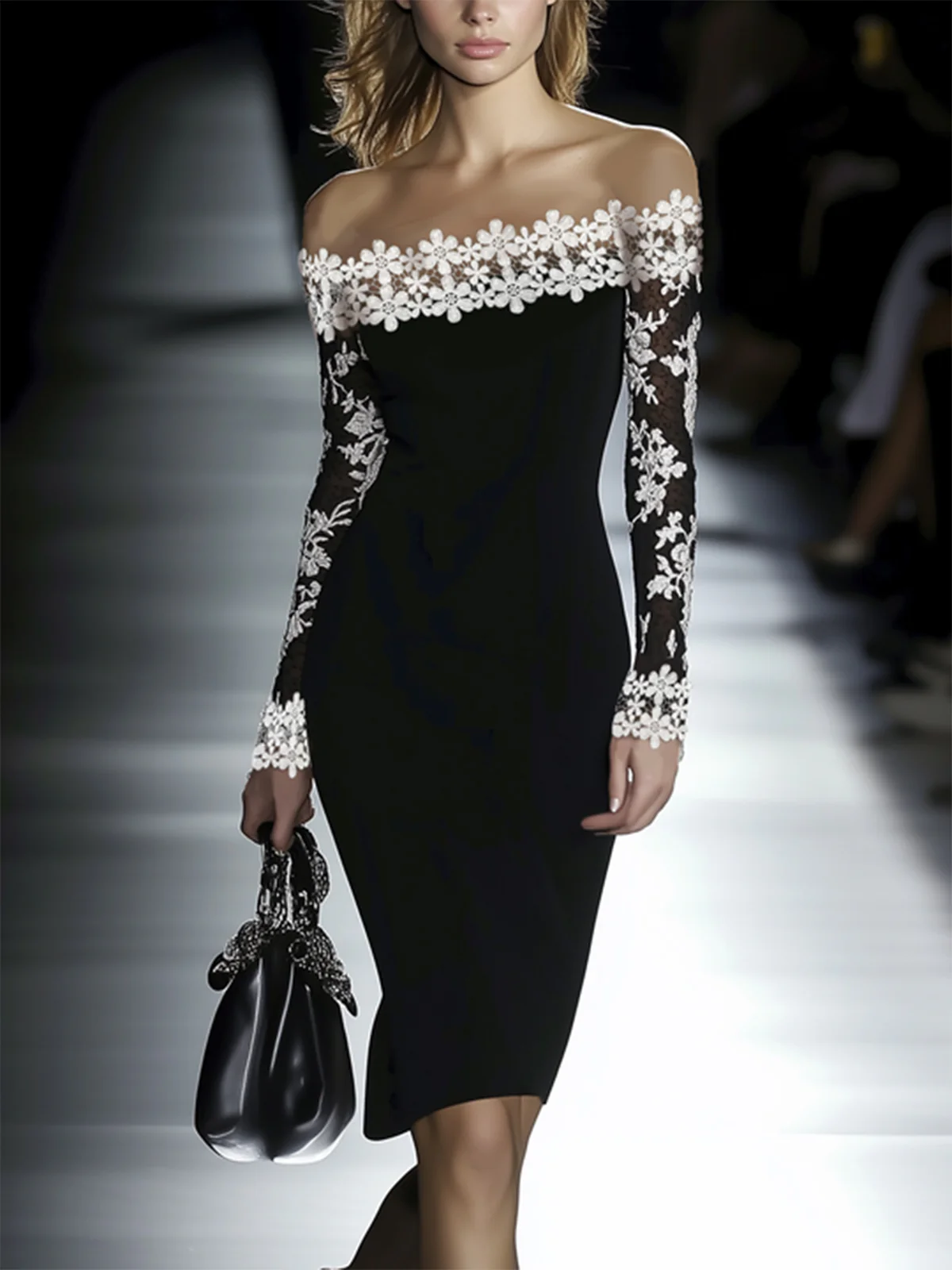 24-Hour-Shipping Lace Neckline Hip Dress