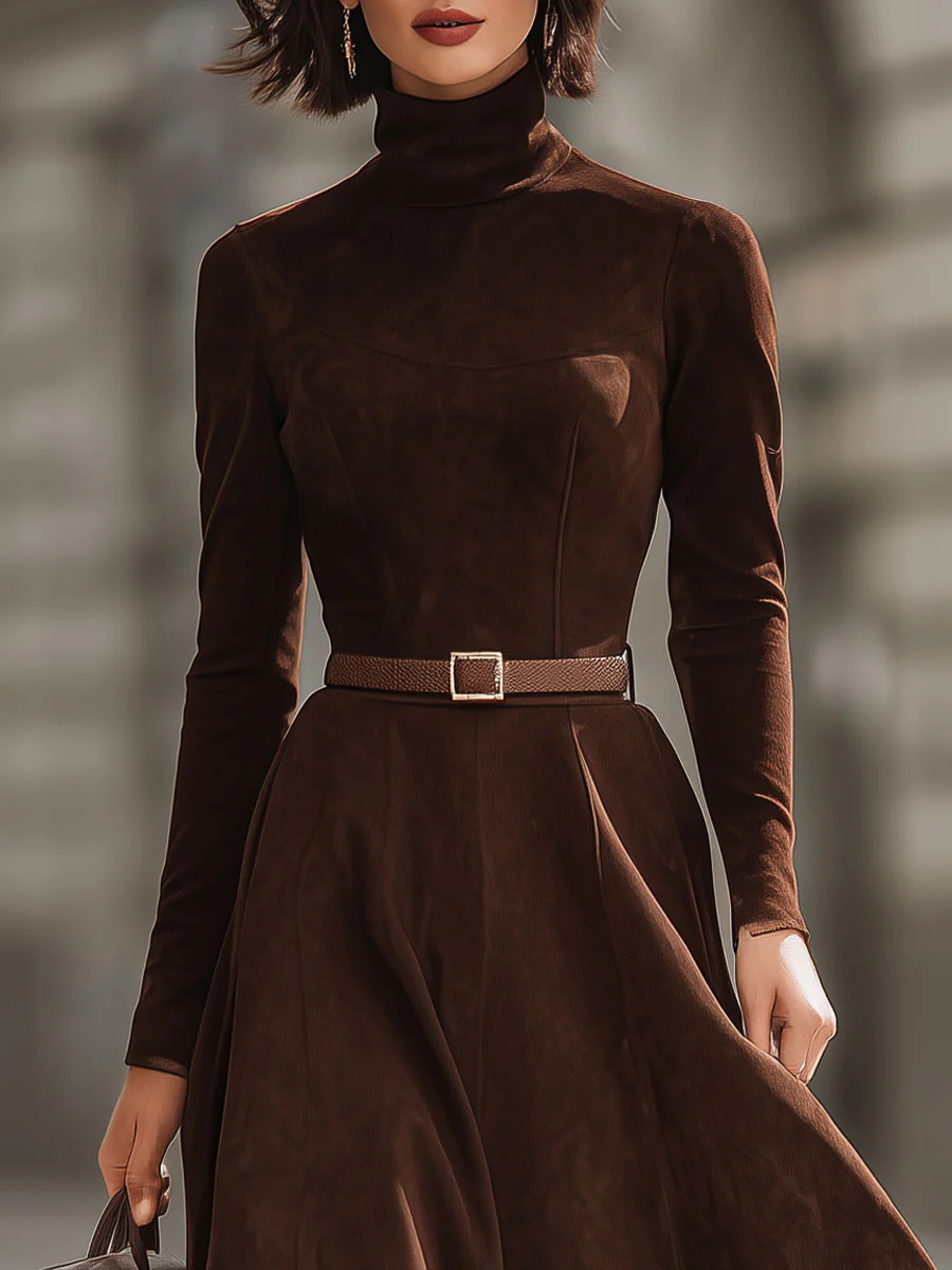 Elegant Brown Suede Midi Dress With Belted Waist