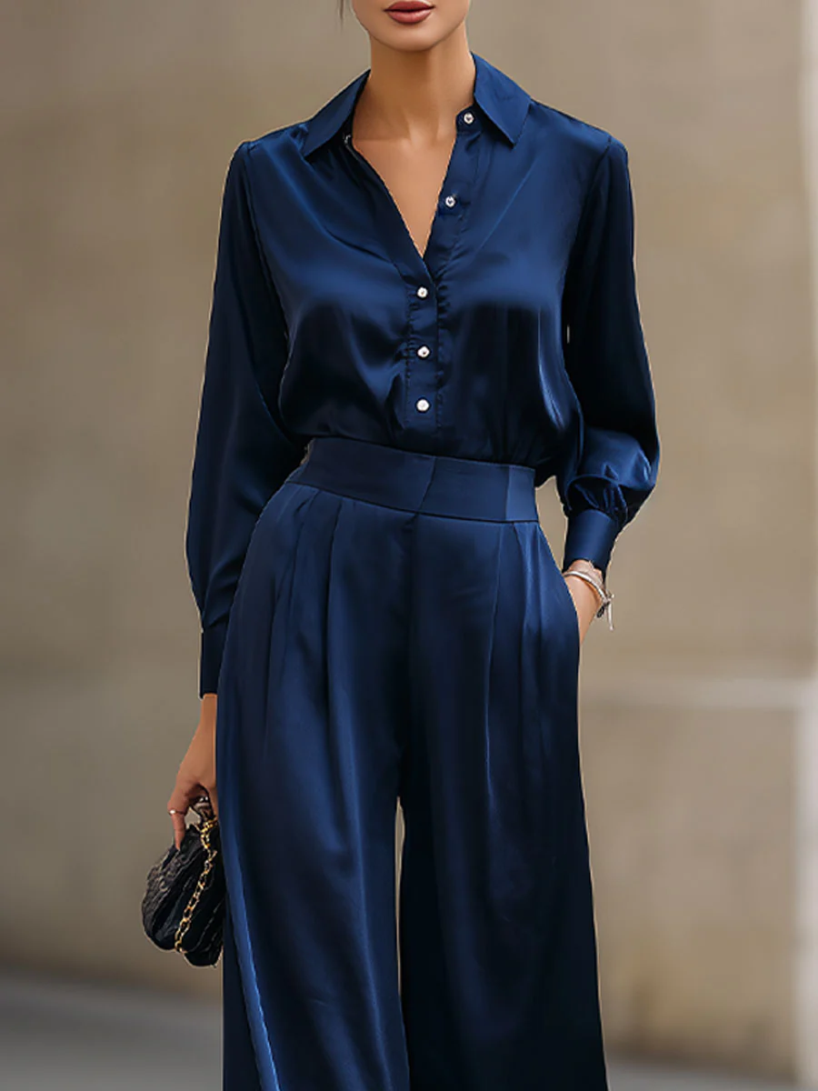 Chic Satin Two-Piece Set With Button-Up Blouse And Wide-Leg Trousers