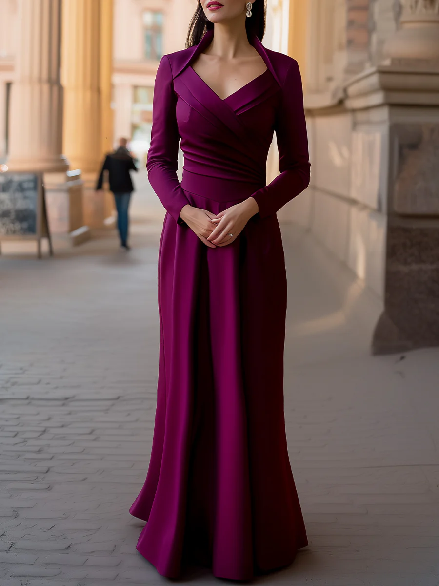 Draped Long-Sleeve Evening Gown