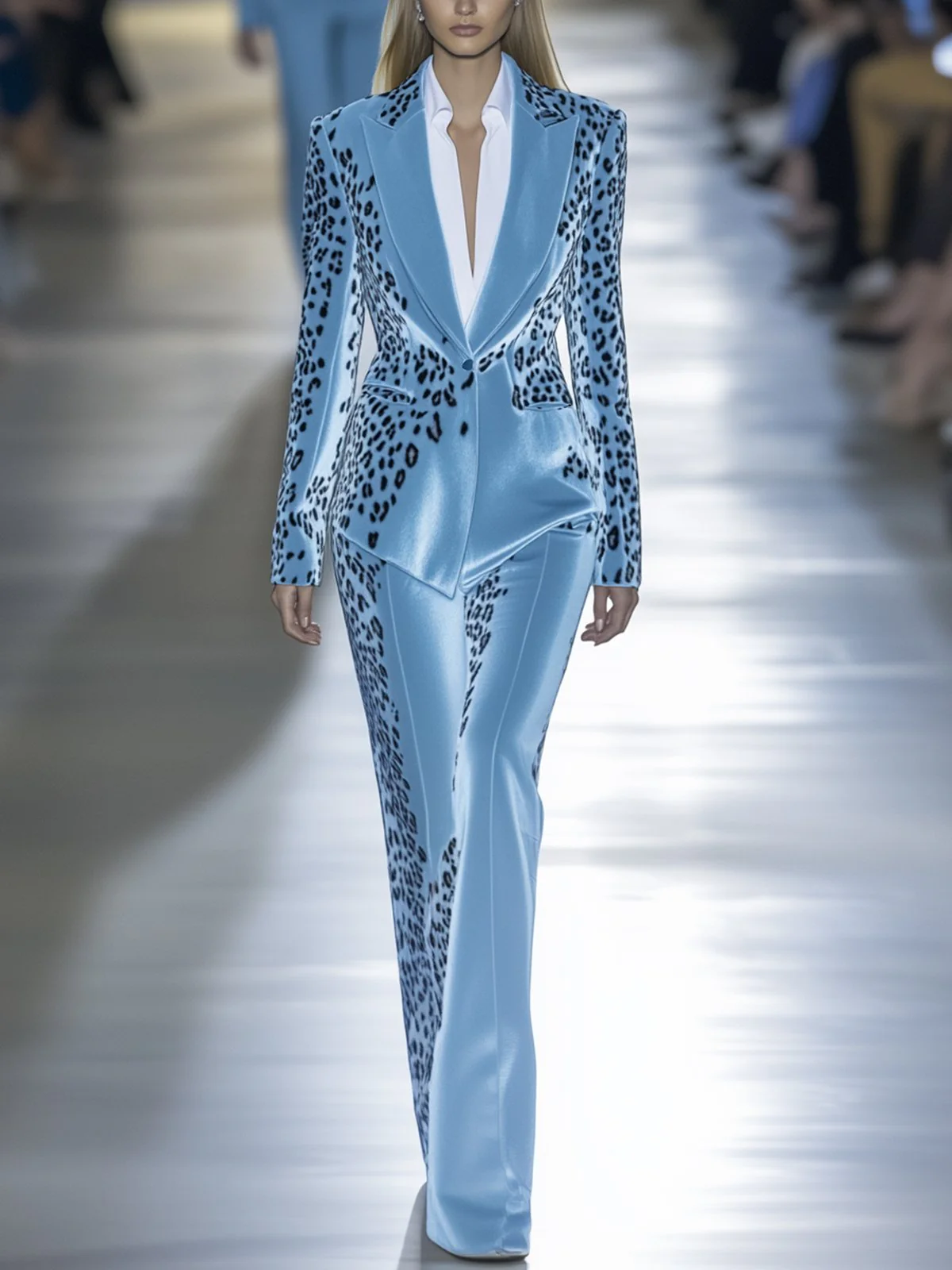 24-Hour-Shipping Sky Blue Velvet Leopard Print Blazer And Pants Suit