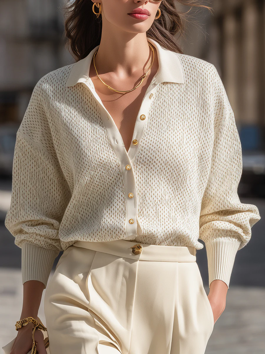 Chic Knit Sweater with Button-Down Front and Ribbed Detail