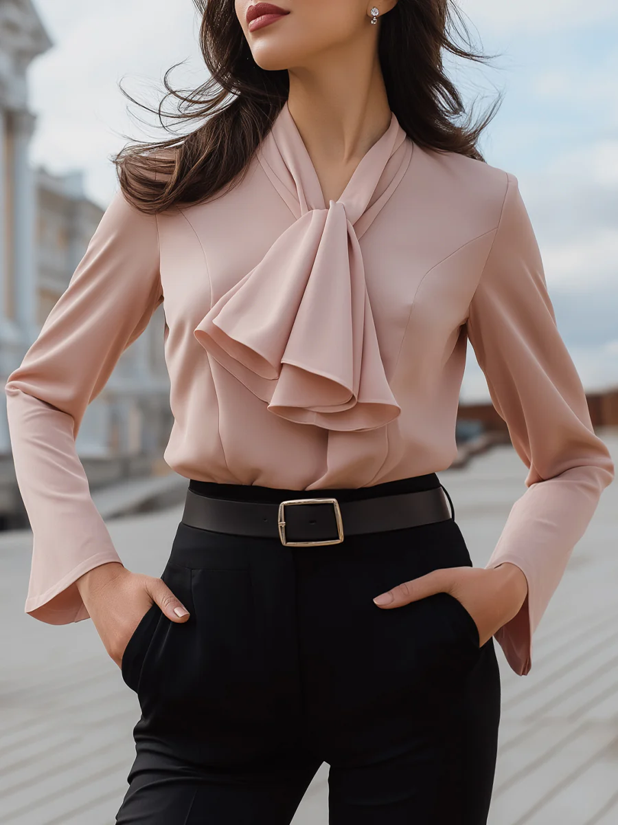 Bow Tie Blouse With Flared Sleeves