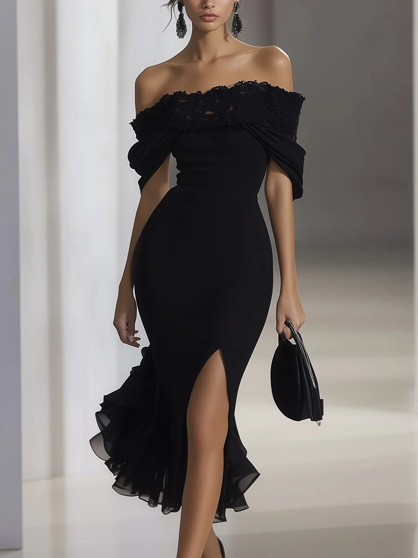 24-Hour-Shipping Off Shoulder Black Chiffon Dress With Lace