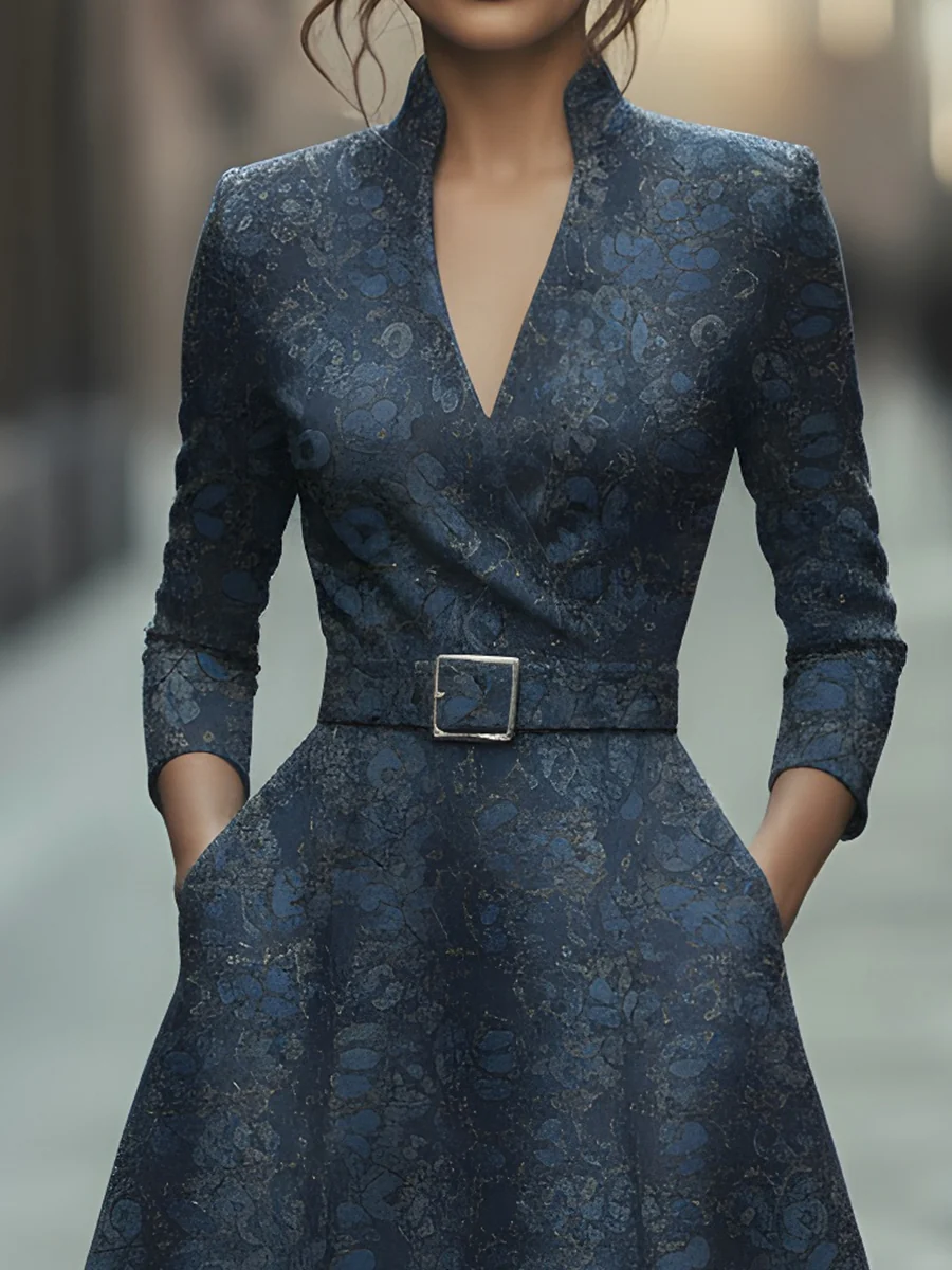 Navy Blue Floral Jacquard Belted Dress With V-Neckline